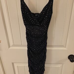 Windsor Black Strapless Polka Dot Ruched Midi Dress